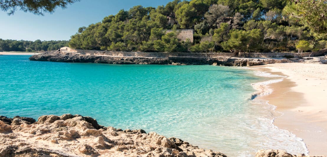 Eine menschenleere Bucht auf Mallorca mit Sandstrand und türkisblauem Wasser.