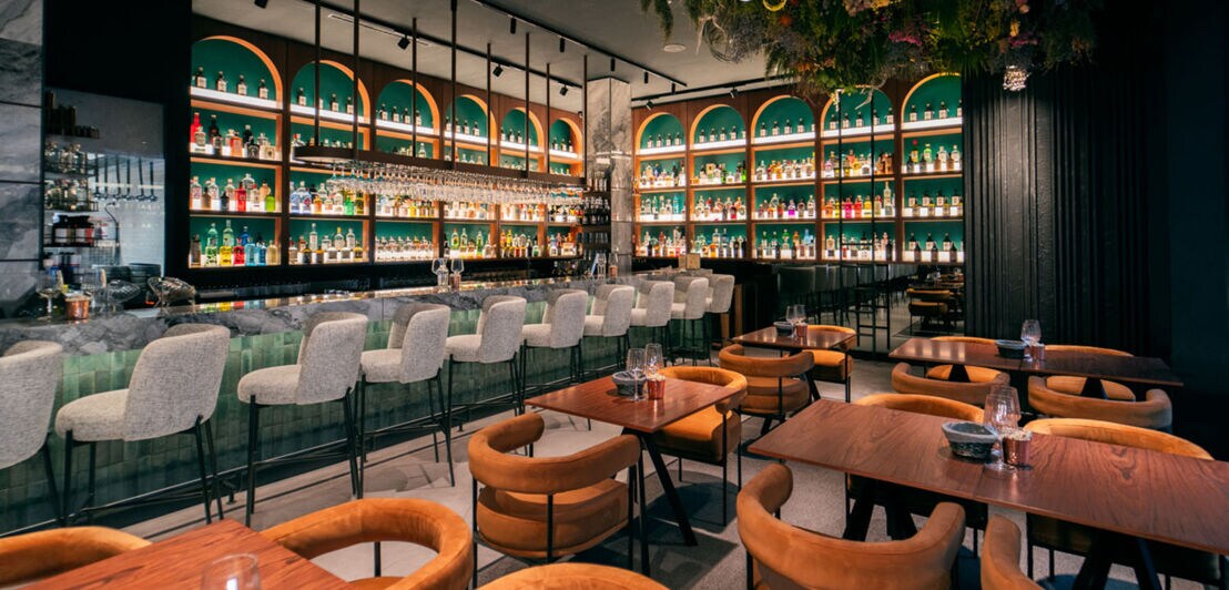 Ein modernes, stilvolles Restaurant und Barbereich mit zahlreichen Ginflaschen in Regalen hinter dem Tresen.