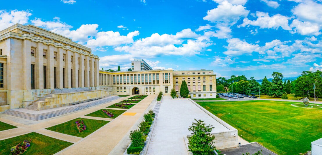 Außenaufnahme des Palastes der UNO in Genf.