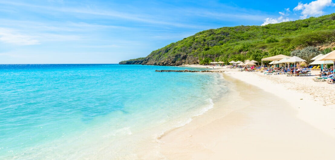 Liegen unter Sonnenschirmen an einem Strand am türkisblauen Meer.