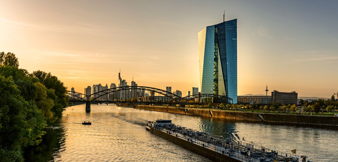 Blick auf Main und EZB-Turm am Abend.