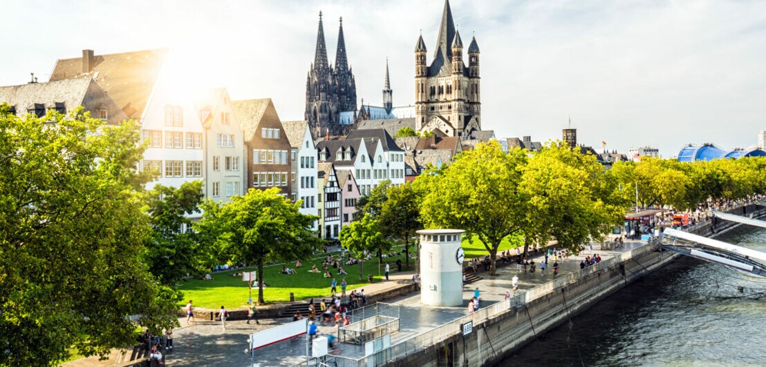 Sonnenlicht über dem Rhein mit Blick auf historische Häuser und den Kölner Dom im Hintergrund