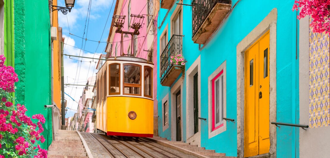 Typische gelbe Straßenbahn in Lissabon, die an bunten Häusern und bepflanzten Balkonen vorbeifährt.
