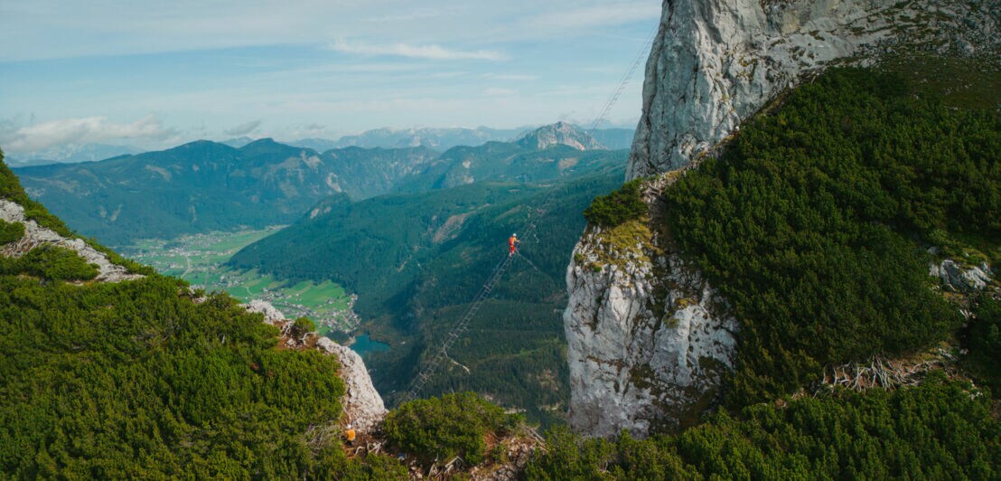 Eine Person auf einer Leiter, die hoch über einem Abgrund zu einem hohen Felsen führt, im Hintergrund Berge und Himmel.