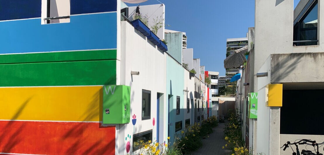 Bunte Fassaden von Studentenwohnungen im Olympischen Dorf München mit Blumen und Fahrrad im Vordergrund