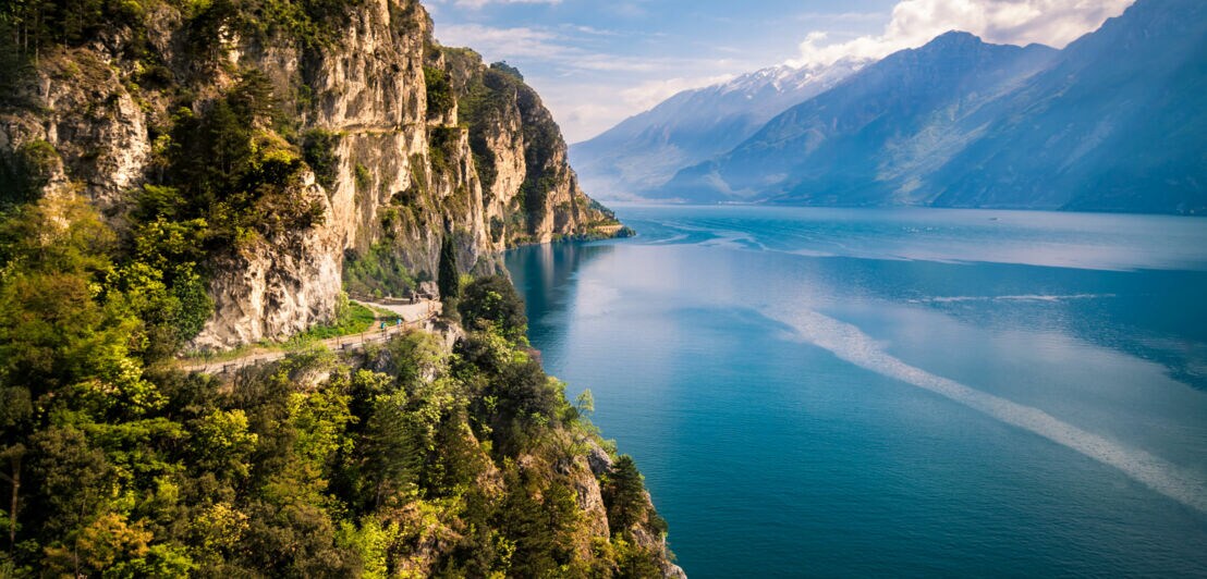 Bewachsene Felswand nahe Riva del Garda direkt am Gardasee mit Gipfeln auf der anderen Seeseite im Hintergrund.
