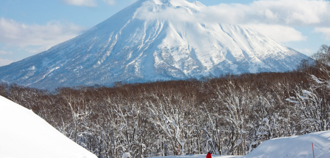 Schneebedeckter Berg mit bewaldetem Hang und Person in roter Jacke auf schneebedecktem Feld im Vordergrund