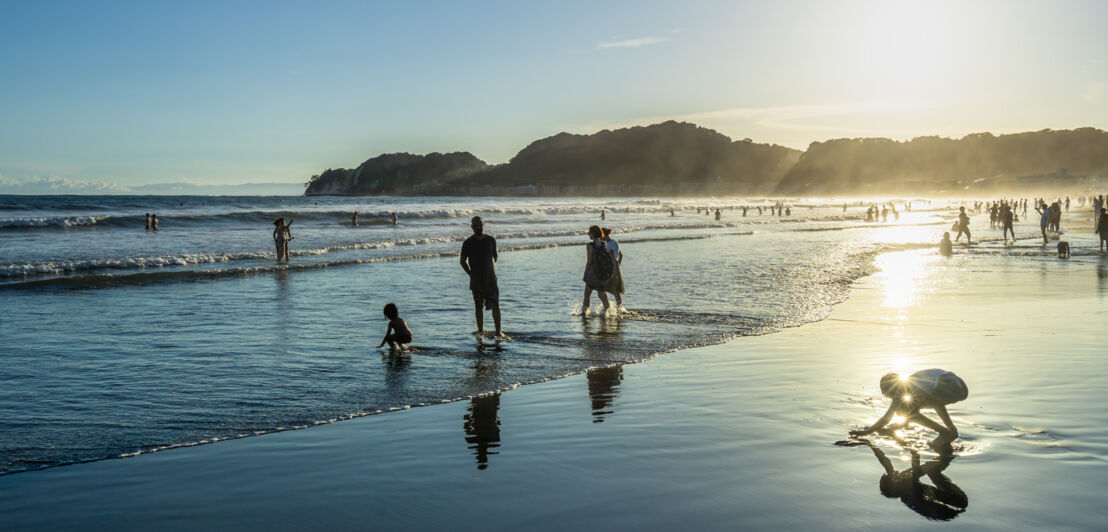 Silhouetten zahlreicher Personen im flachen Wasser an einem Sandstrand bei Gegenlicht.