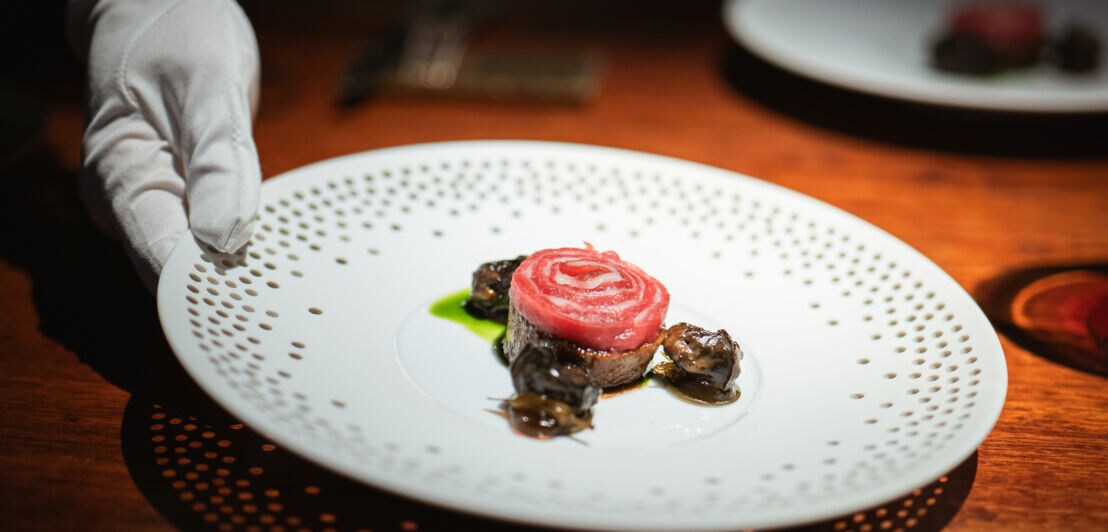 Hand mit weißem Handschuh serviert Teller mit kunstvoll angerichtetem Gericht