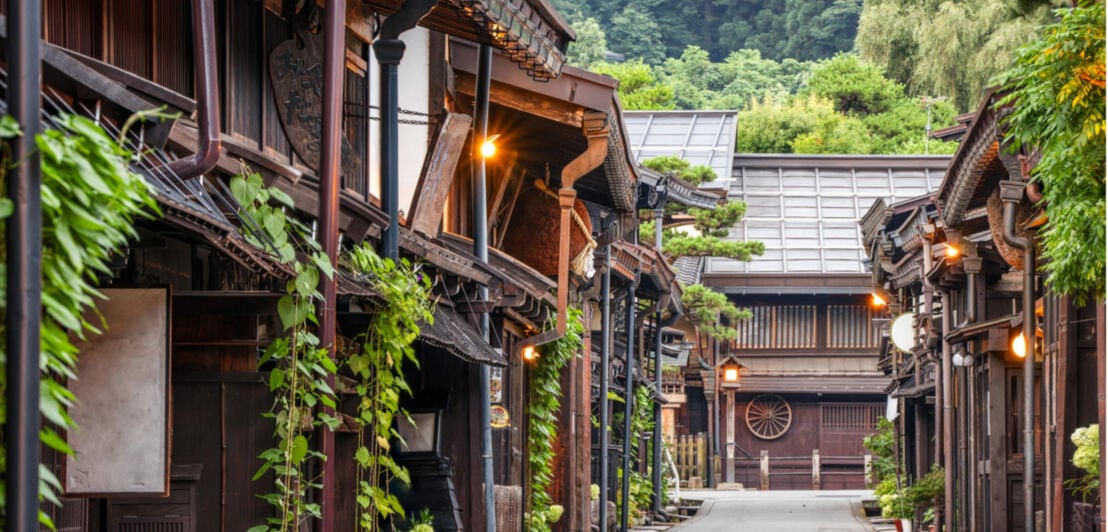 Traditionelle japanische Holzhäuser entlang einer ruhigen Straße mit grünen Pflanzen und bewaldeten Hügeln im Hintergrund