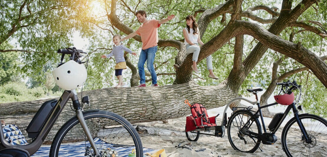 Ein Kind balanciert mit einem Mann und einer Frau auf einem umgestürzten Baumstamm, zwei E-Bikes mit Helmen stehen daneben im Sandstrand.