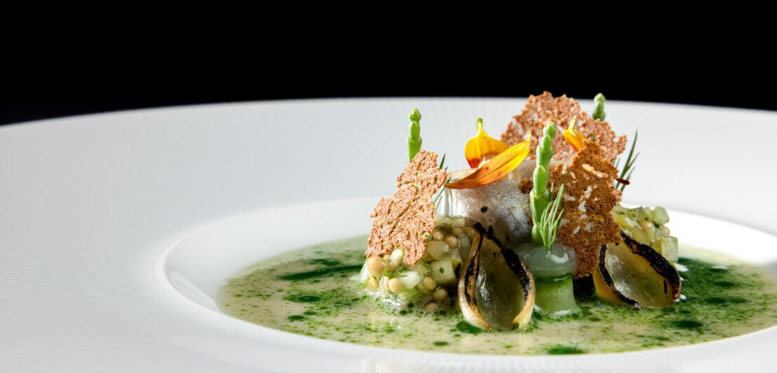 Ein kunstvoll angerichteter Teller mit einer Speise, die grüne Sauce, kleine Muscheln, Kräuter und essbare Blüten enthält.