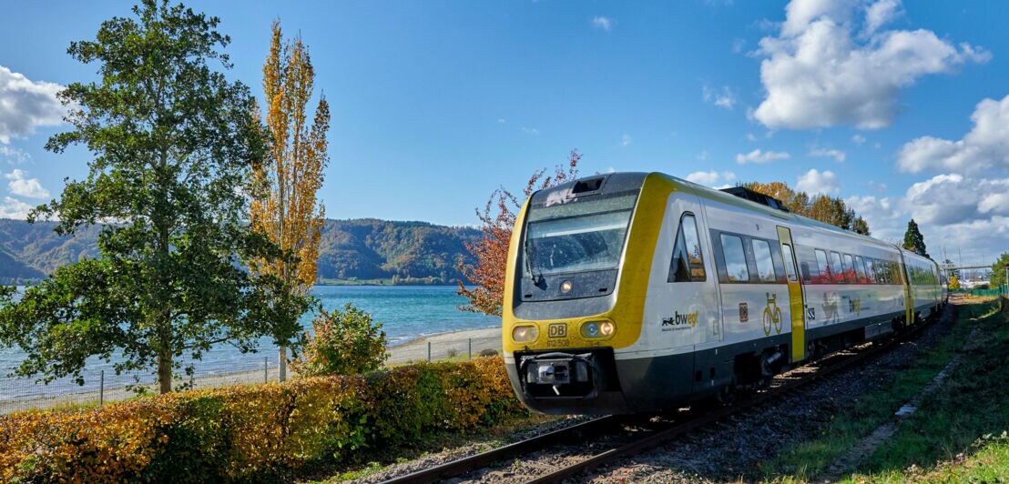 Ein gelb-grüner Zug der Bodensee-Oberschwaben-Bahn fährt entlang der Gleise am Bodensee. Im Hintergrund sind Bäume und Hügel sichtbar.