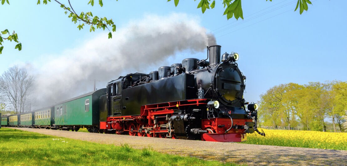 Dampflok mit schwarzem Kessel und rotem Rahmen zieht einen grünen Waggon auf dem Hindenburgdamm in Sylt. Rauch steigt aus dem Schornstein auf.