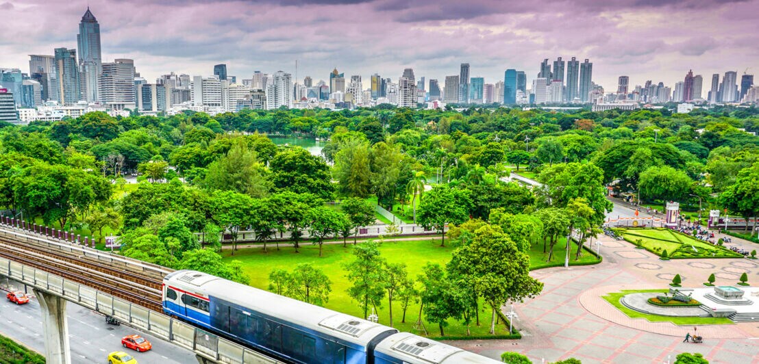 Vor einer Skyline mit Hochhäusern befindet sich ein grüner Park mit Bäumen und einer Wiese, davor fährt eine Straßenbahn.