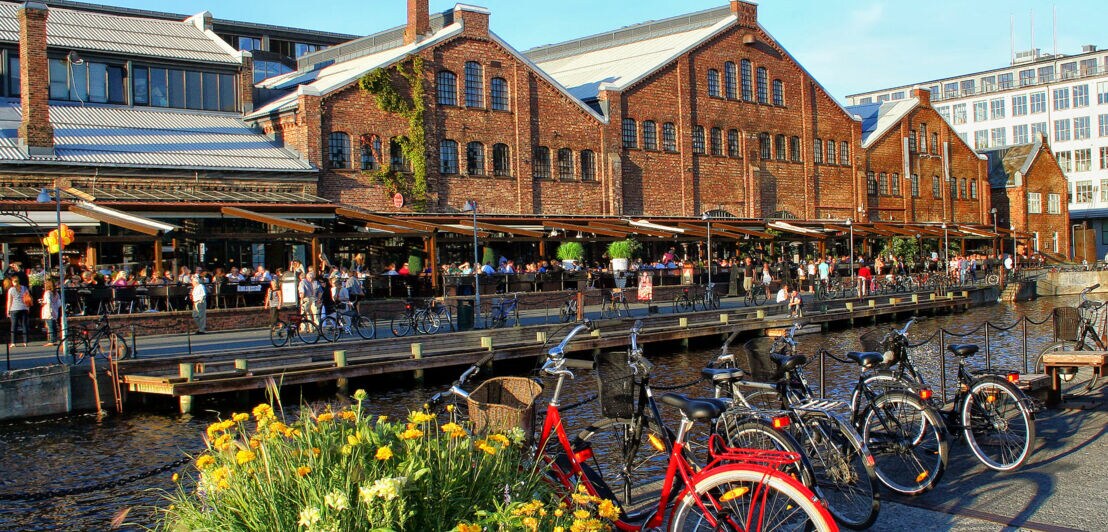Backsteingebäude am Wasser in Trondheim, davor Fahrräder und ein großer Blumenkübel mit gelben und violetten Blumen.