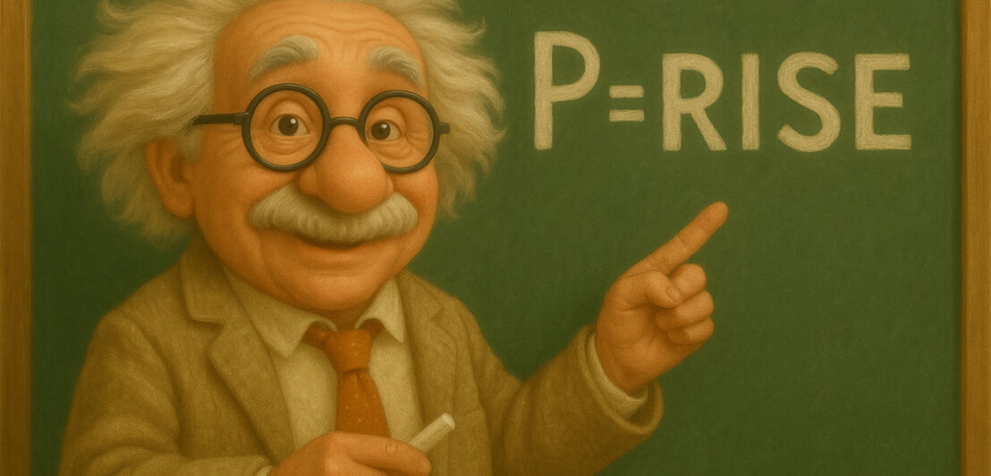 Albert Einstein steht vor der Tafel, hält einen Kreidestift in der Hand und zeigt auf das an der Tafel geschriebene P=RISE.