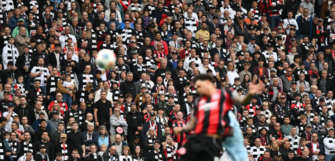 Zuschauende mit schwarz-weiß gestreiften Schals auf einer Tribüne in einem Stadion, im Vordergrund ein Fußballspieler in Unschärfe in einem schwarz-weiß gestreiften Trikot.