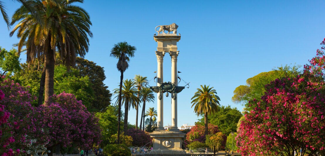 Blick auf das hohe Kolumbus-Denkmal, umgeben von grünen Bäumen, Palmen und pink blühenden Büschen.