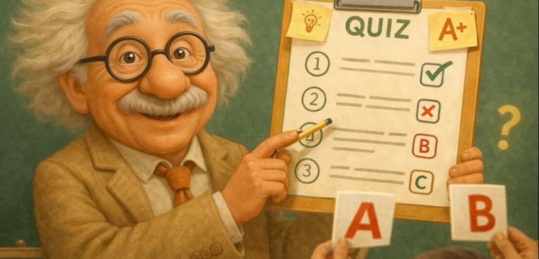 Illustration eines Professors in einem Klassenraum, der ein Klemmbrett mit einem Quiz präsentiert.