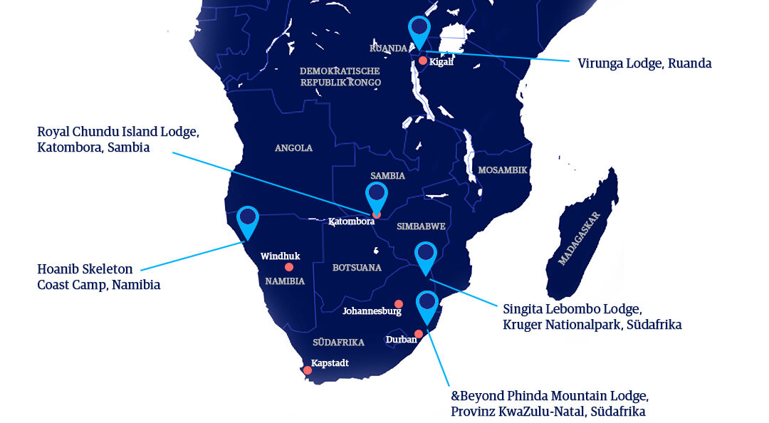 Karte Afrikas mit markierten Standorten fünf ausgewählter Luxus-Safari-Lodges in Ruanda, Sambia, Namibia und Südafrika.