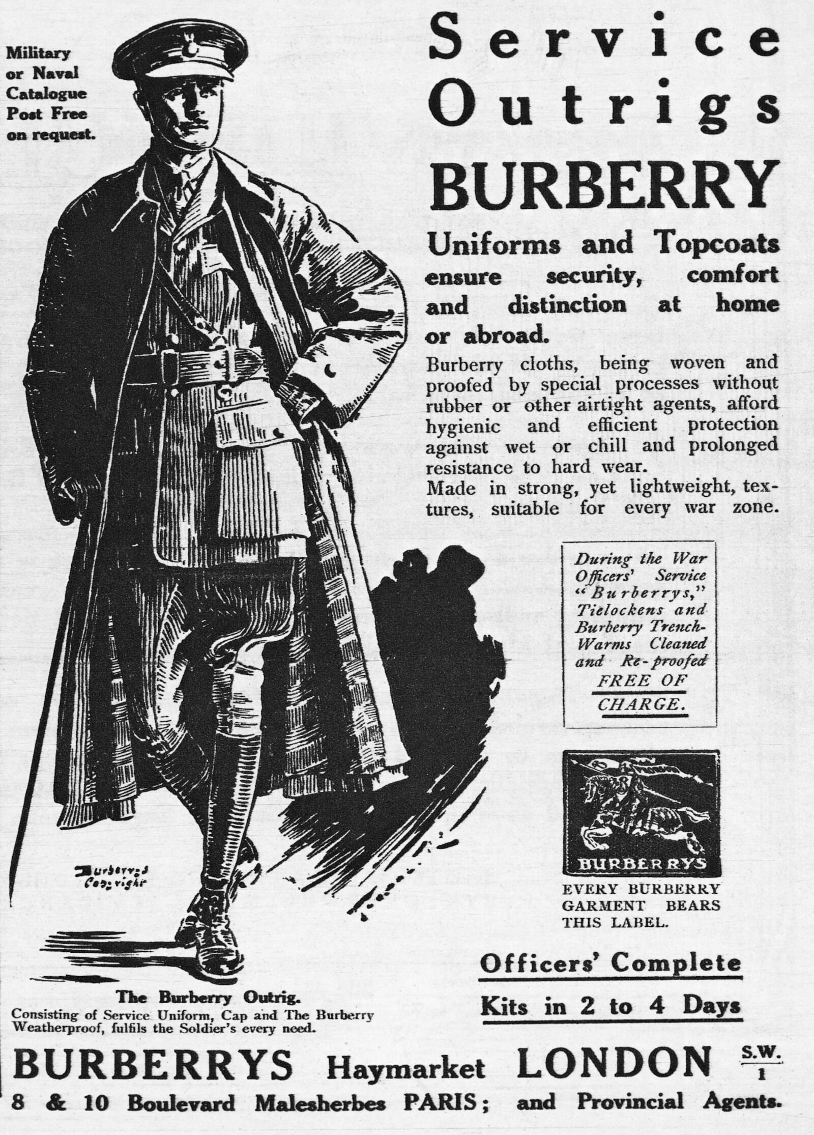 Ausschnitt einer Zeitung mit einem Artikel über Burberry, in dem ein Mann in Trenchcoat abgebildet ist.