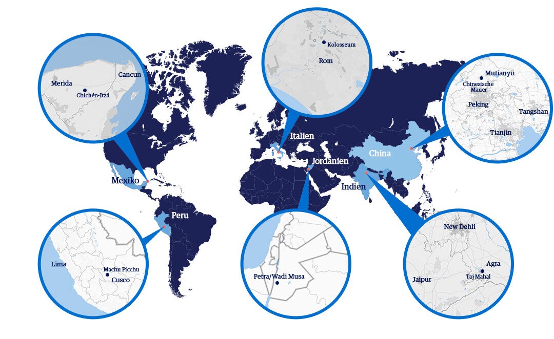 Weltkarte mit markierten Weltwundern der Neuzeit und deren Länder und Städte.