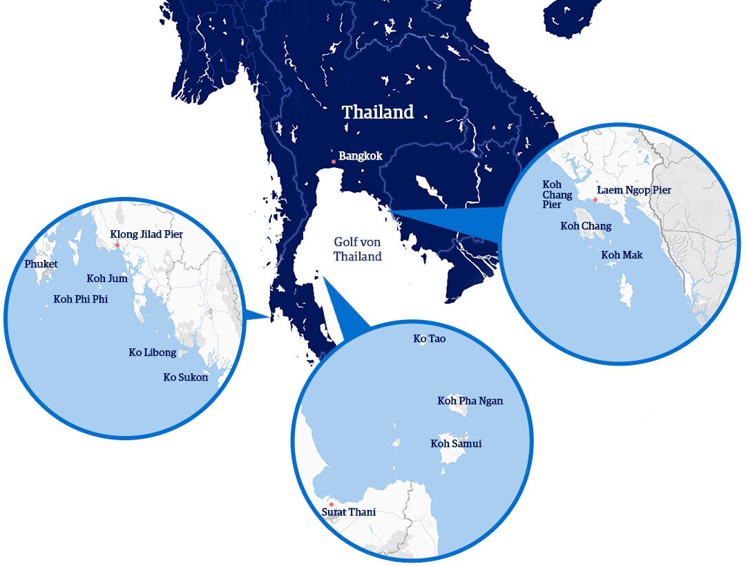 Karte vom Süden Thailands mit markierten Inseln und Fährhäfen.