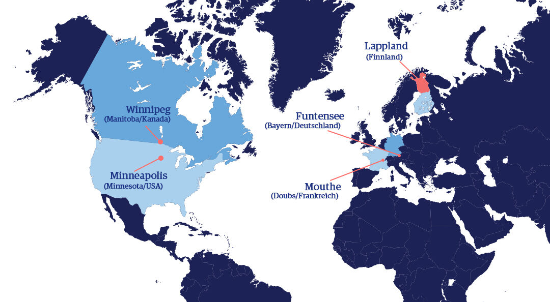 Weltkarte mit markierten besonders kalten Regionen in Nordamerika und Europa, darunter Winnipeg, Minneapolis, Lappland, Funtenssee und Mouthe.