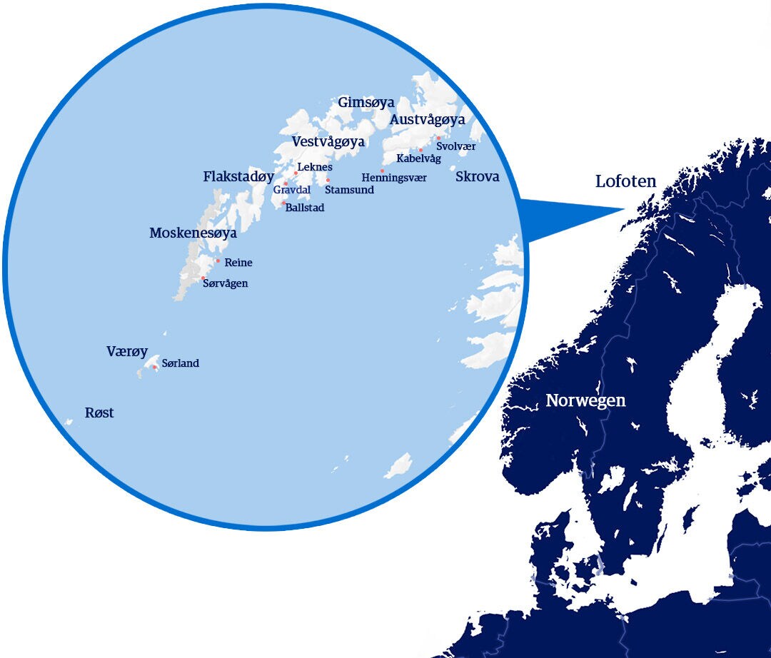 Karte der Lofoten mit hervorgehobenen Inseln und Orten vor der Küste Norwegens.
