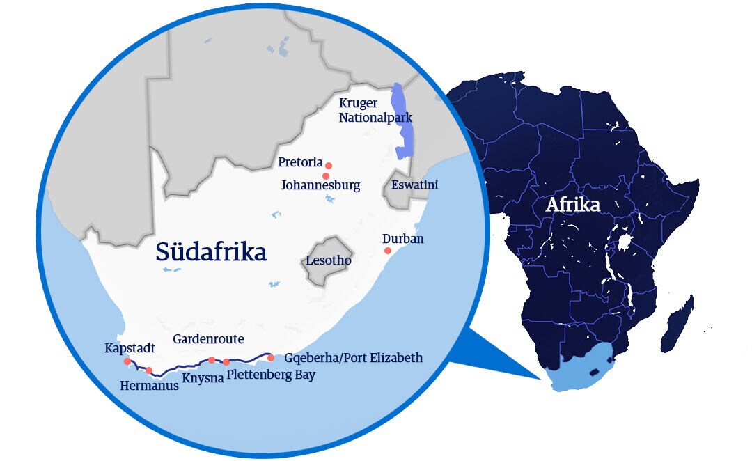 Karte Afrikas mit Detailausschnitt zu Südafrika, inklusive Kapstadt, Garden Route, Kruger-Nationalpark und wichtigen Städten.
