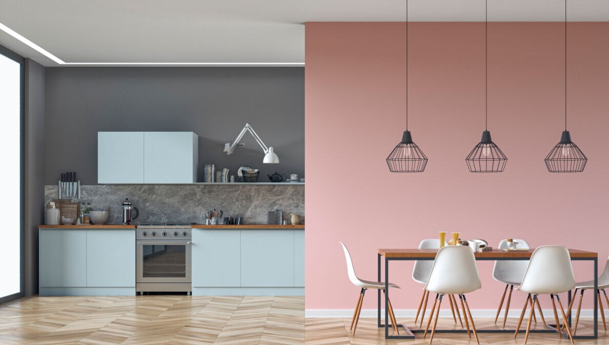 Eine Küche und ein Essbereich mit unterschiedlichen Wandfarben
