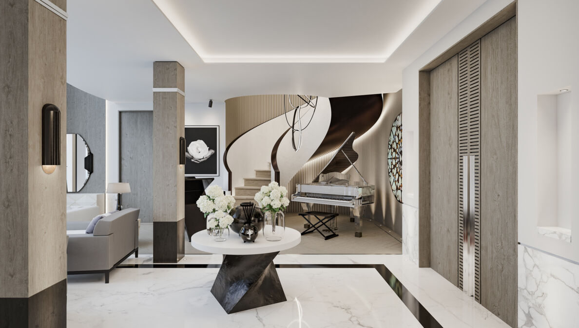 Ein in weiß, grau und beige-Tönen gestaltetes Zimmer