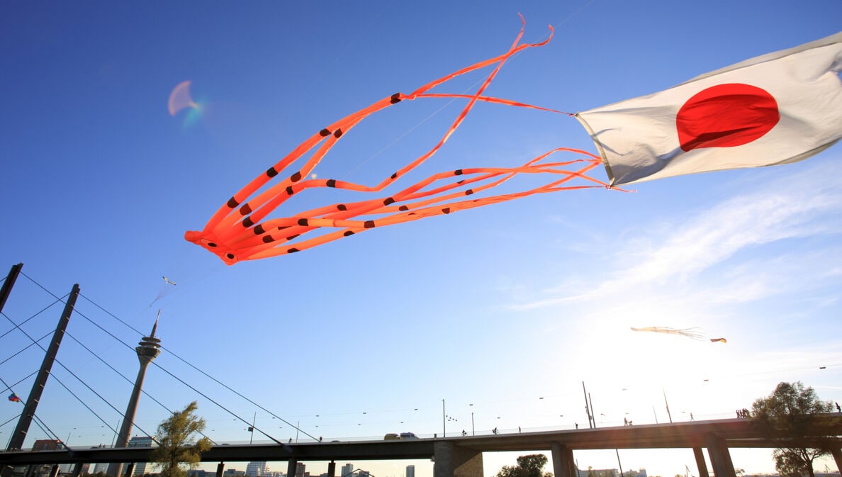 Ein Drache in Oktopusform und eine Japanflagge flattern über dem Rhein in der Luft