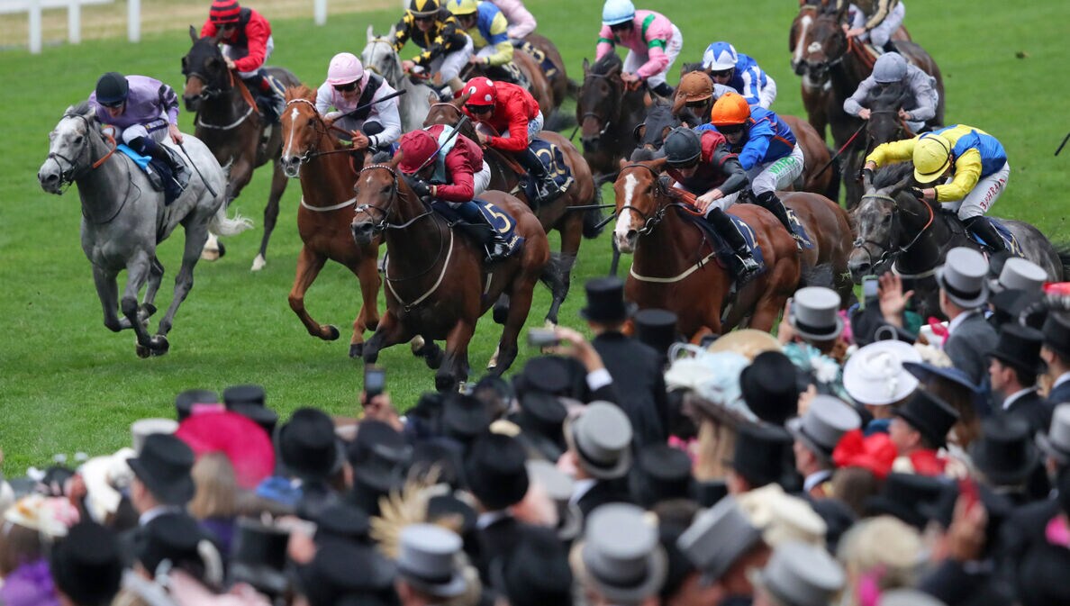 Eine Gruppe Jockeys auf Pferden galoppiert beim Royal Ascot Pferderennen an Zuschauern mit Hüten vorbei