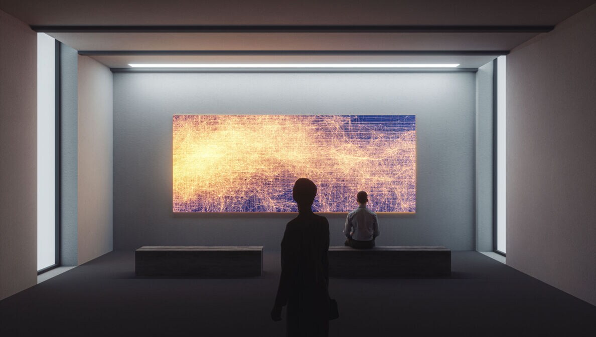 3D-Rendering einer Kunstgalerie mit zwei Personen, die ein großes, abstraktes Bild betrachten