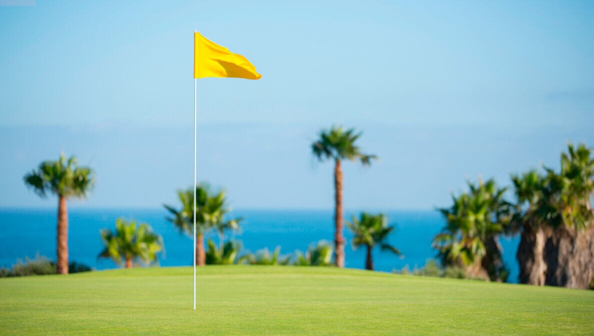 Ein Golfplatz mit Blick auf das Meer, im Hintergrund Palmen, in der Mitte eine gelbe Flagge an einem Loch
