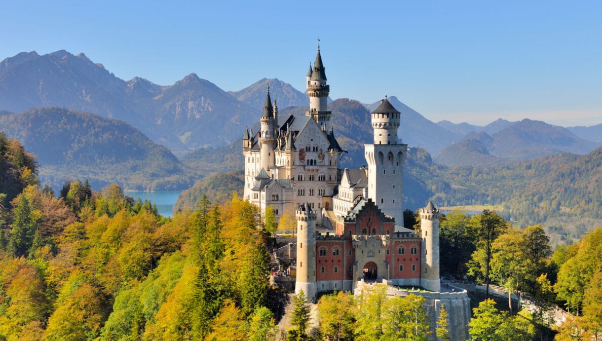 Schloss Neuschwanstein, eingebettet in bewaldete Berglandschaft