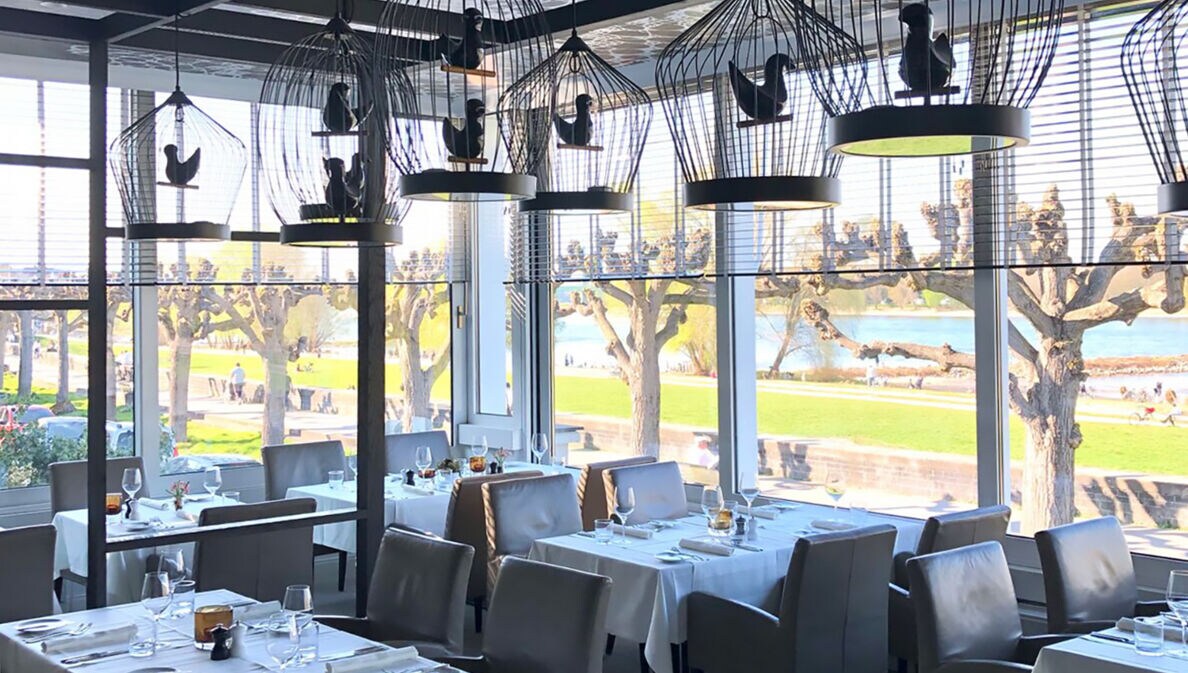 Speiseraum des Restaurants OX Royal mit eingedeckten Tischen und dekorativen Vogelkäfigen an der Decke in einem Wintergarten mit Panoramablick an der Uferpromenade eines Flusses.