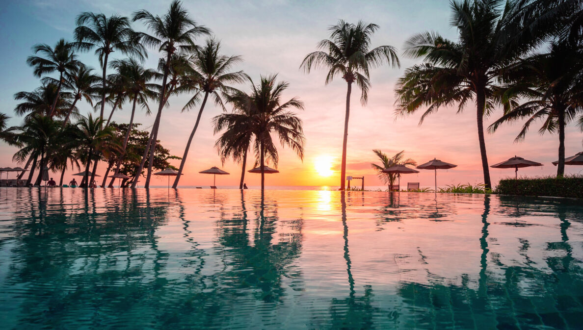 Palmengesäumter Infinity-Pool in einer Hotelanlage am Meer bei Sonnenuntergang.