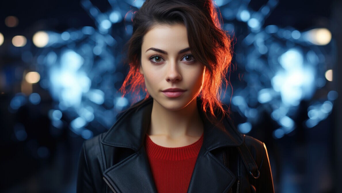 Eine junge Frau steht vor blau-schwarzem Hintergrund. Das Bild ist KI-generiert.