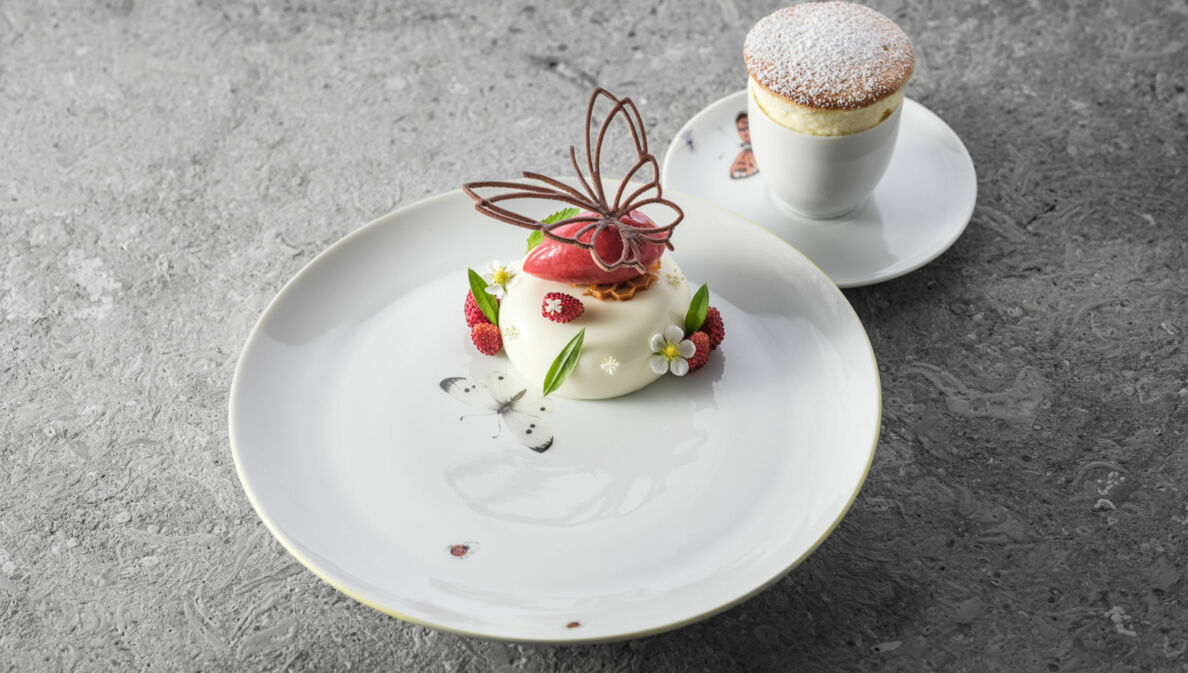 Stillleben zweier reduzierten, kunstvoll angerichteten Süßspeisen auf schlichten weißen Tellern auf anthrazitfarbenem Untergrund.