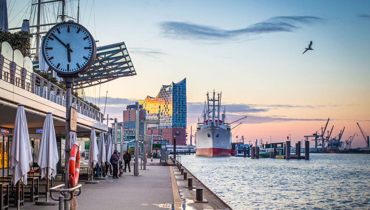 Das Foto zeigt den Hamburger Hafen mit der Elbphilharmonie im Hintergrund.