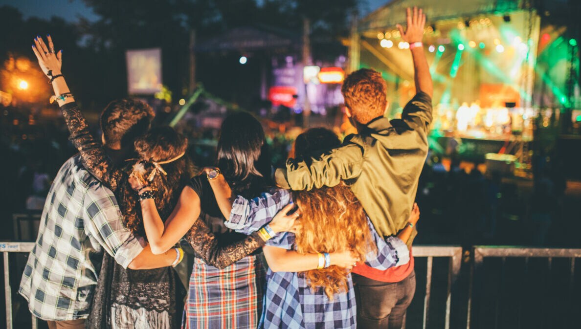 Jubelnde Zuschauer von hinten vor einer Bühne auf einem Musikfestival bei Nacht. 