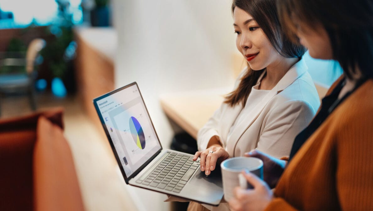 Zwei Frauen schauen gemeinsam auf einen Laptop, dessen Bildschirm ein Tortendiagramm zeigt.