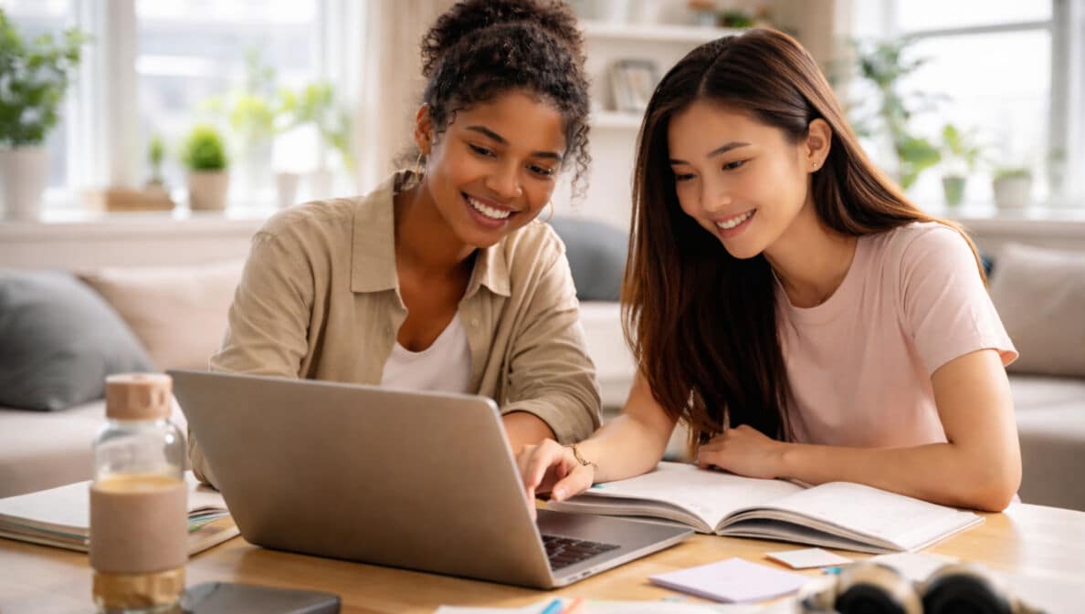 Zwei junge Frauen sitzen an einem Tisch und lernen gemeinsam mit einem Laptop in einem modernen Wohnumfeld.