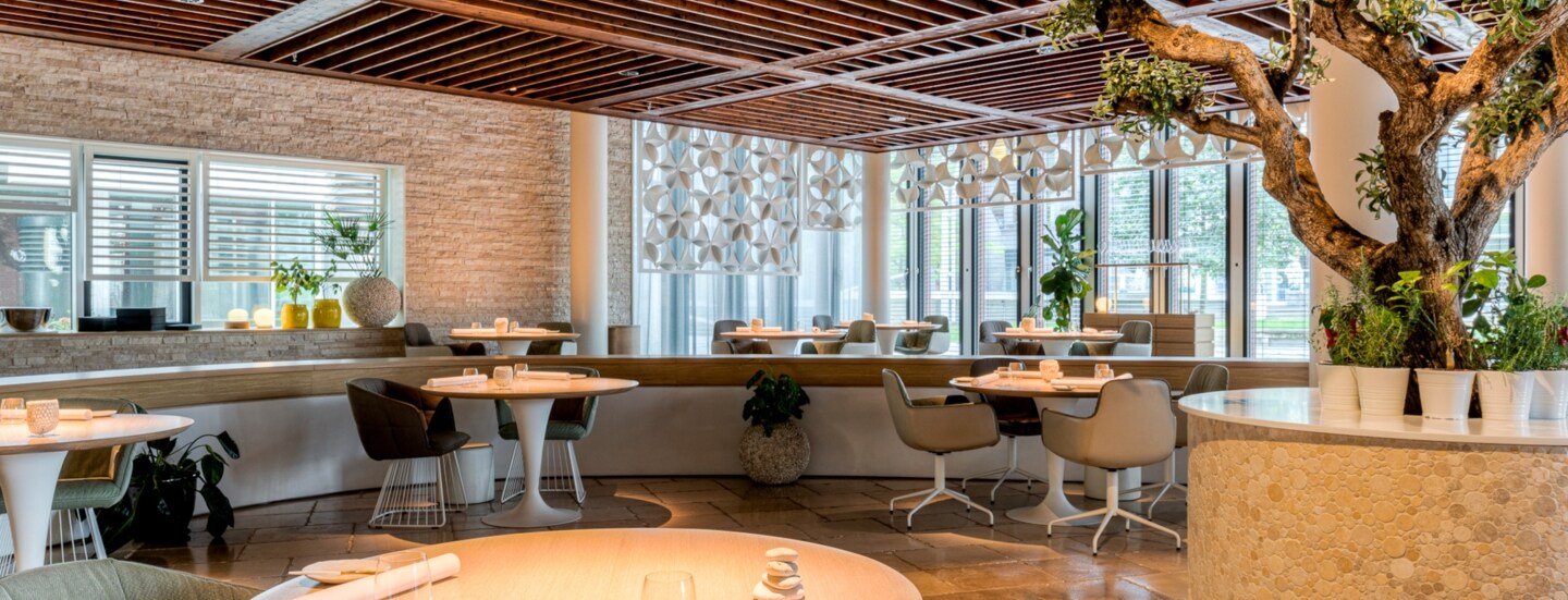 Modernes Restaurant mit runden Tischen und einem Olivenbaum in einem Rundbeet.