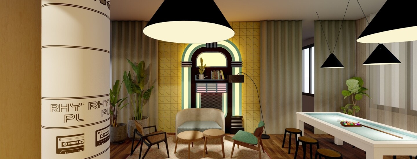 Ein moderner Aufenthaltsraum des Avani Frankfurt City Hotels mit verschiedenen bunten Stühlen, einem weißen Pool-Table und einer leuchtenden Jukebox-Dekoration.