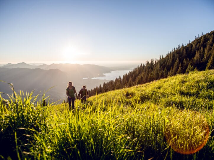 Ein Paar wandert einen grünen Hügel hinauf, im Hintergrund scheint die Sonne und ist ein See zu erkennen.