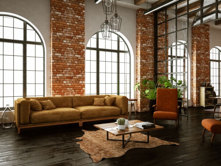 Ein Wohnzimmer, das im Industrial Style eingerichtet ist